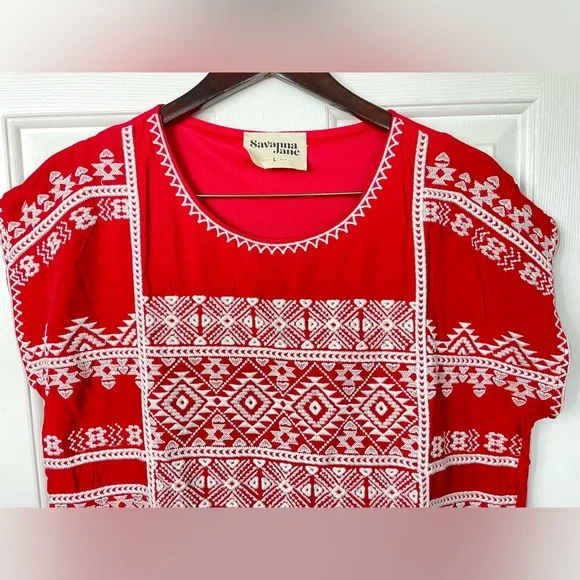 NWOT Savanna Jane Large L Red Embroidered Dress S/S Midi Boho Women’s - Picture 3 of 10